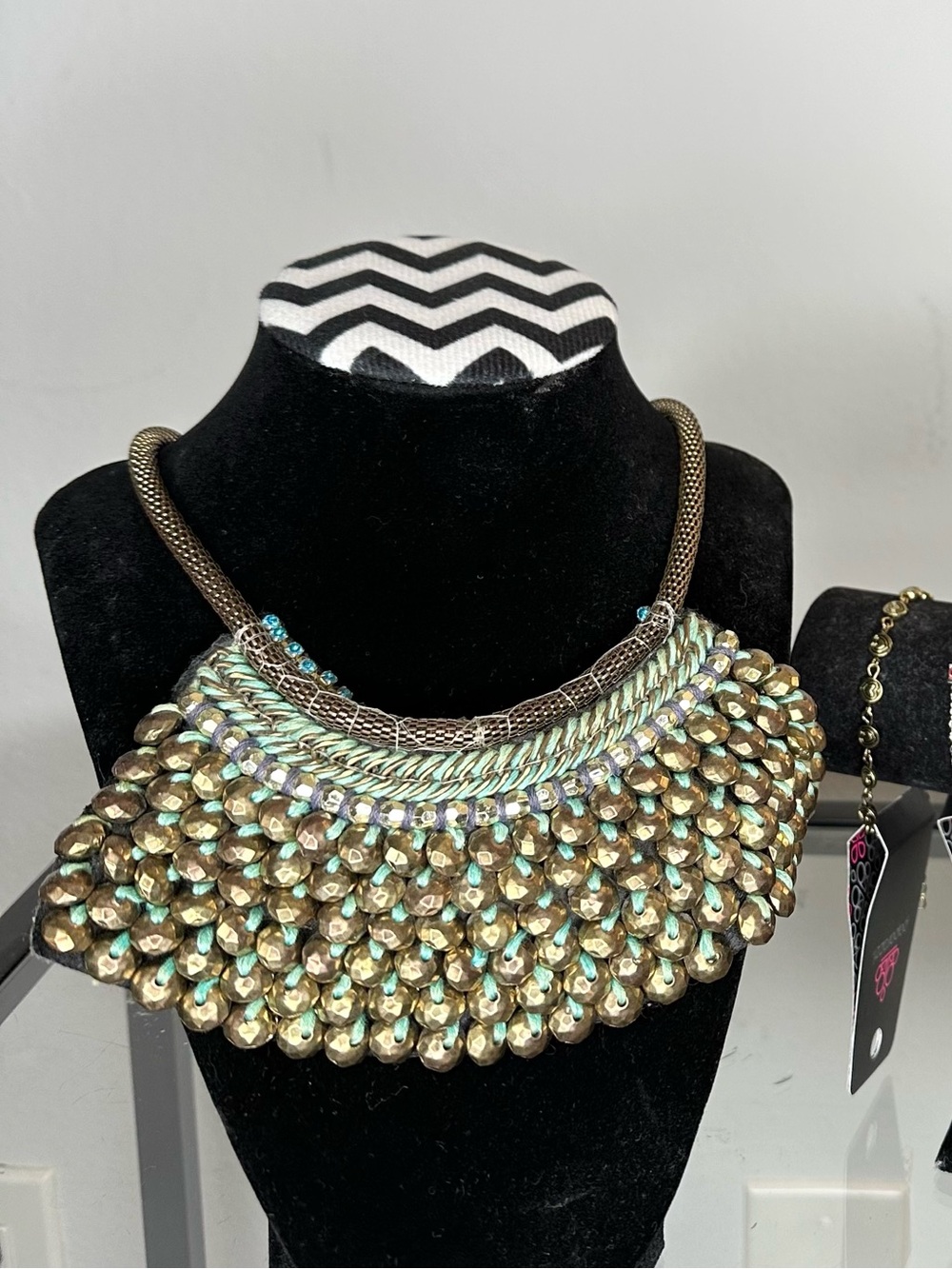 Statement Beaded Collar Necklace and Bracelet Set - Gold and Mint